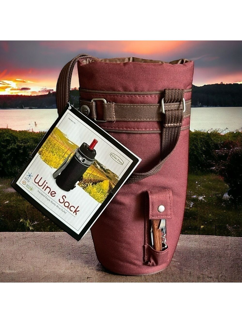 Picnic Time Wine Sack with Shoulder Strap and Corkscrew Red Clay and Brown